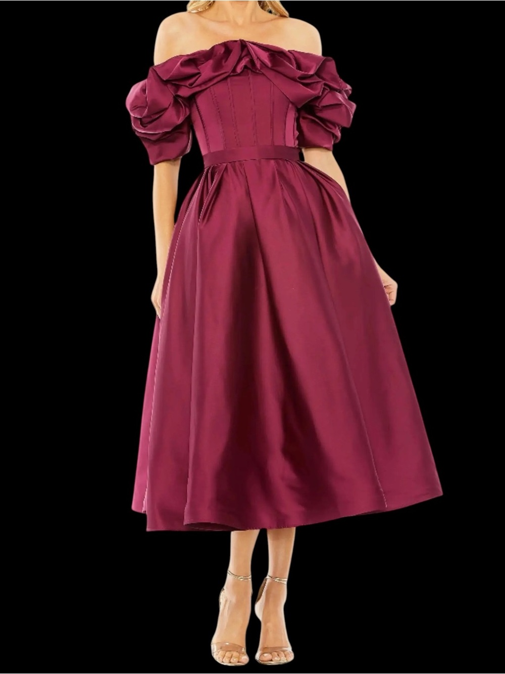 Mac Duggal Plum Satin Ruffle Off-Shoulder Midi Dress Puff Sleeves Tea Length NWT